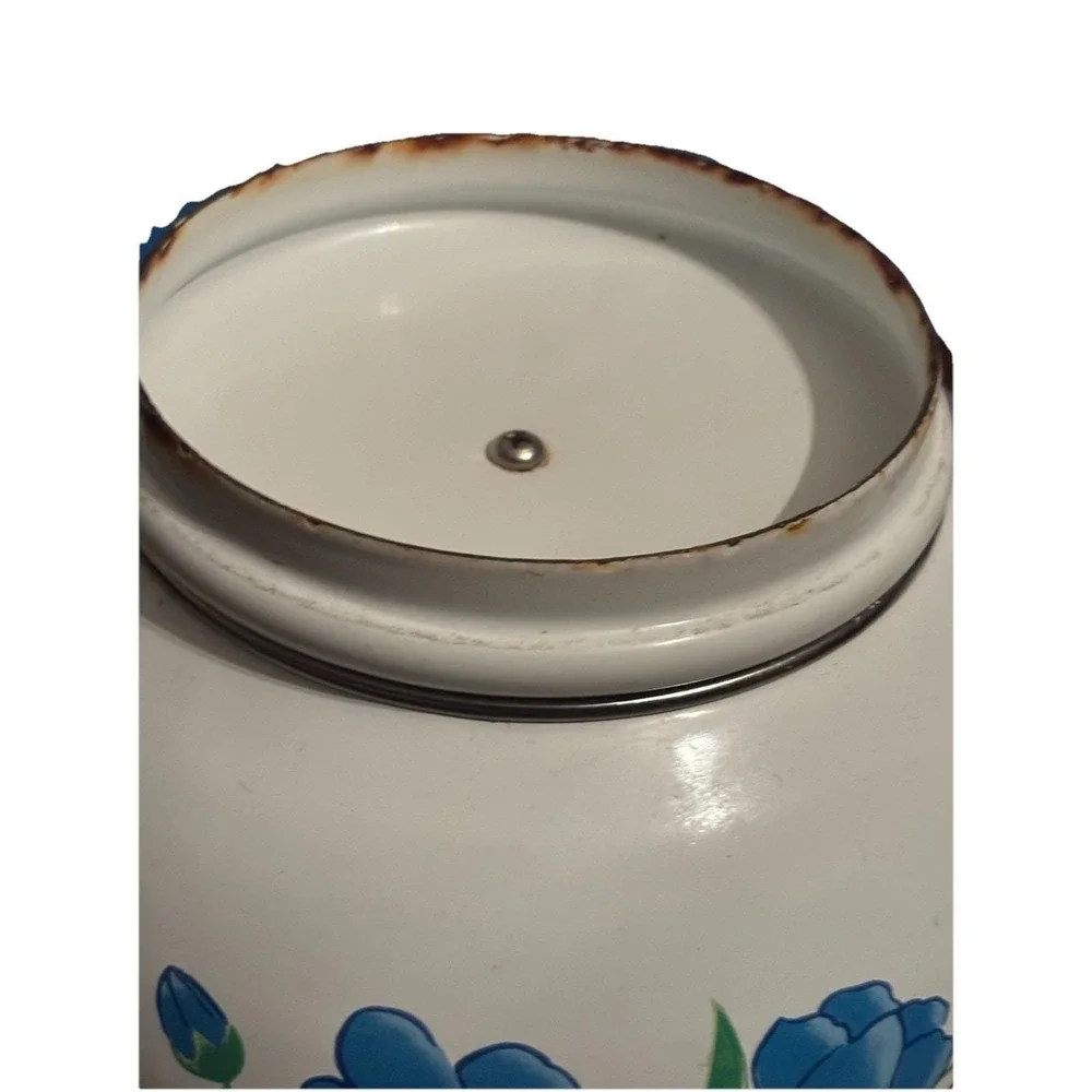 Vintage Blue Floral Enamel Tea Kettle White Stovetop Teapot Forget-Me-Not Design